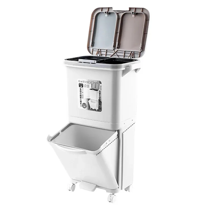 Контейнер для мусора на колесиках кухни с большим отсеком переработки