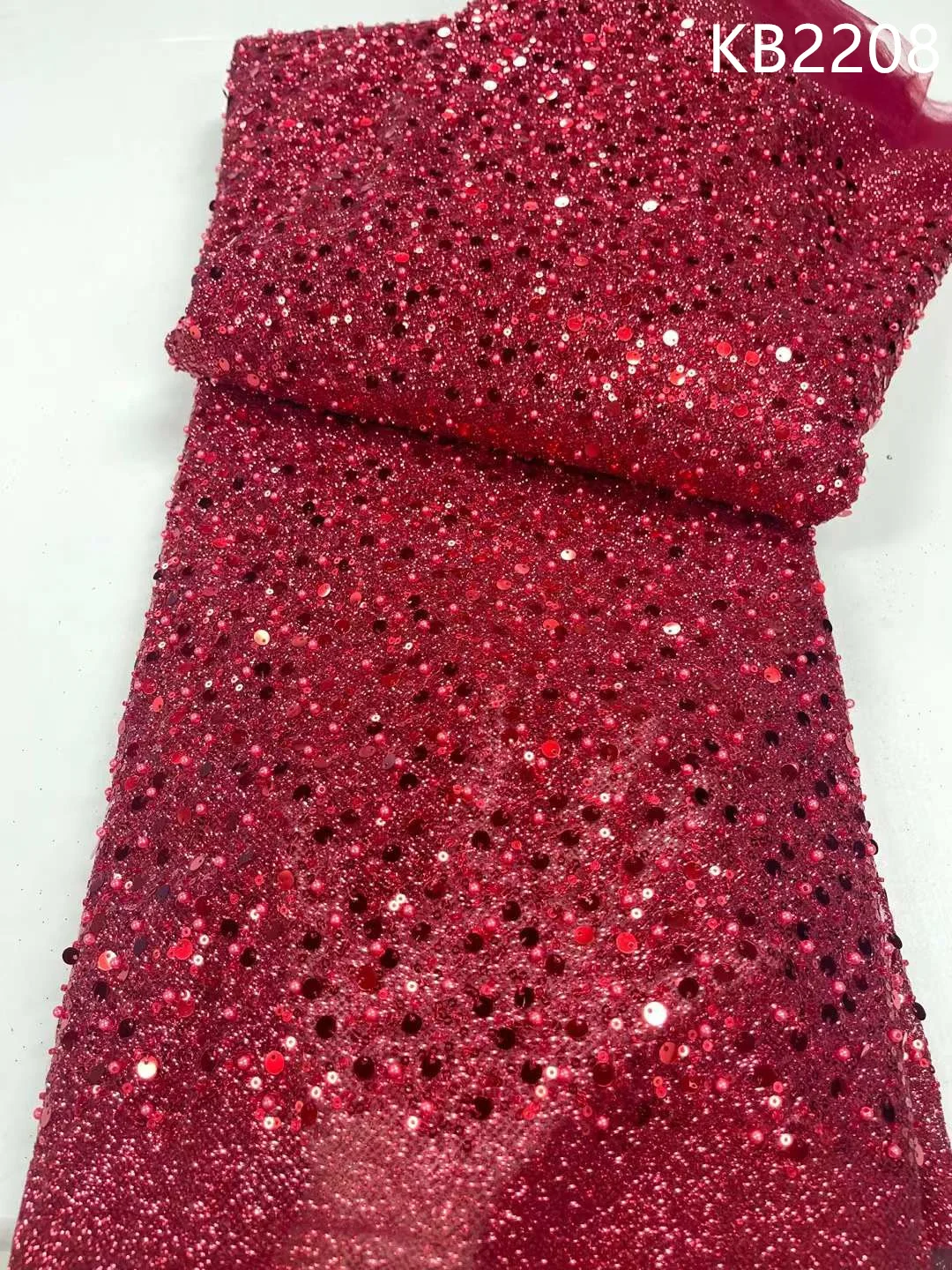 

Red Velvet Lace Fabric Beaded Sequence Original Beading Fabric 2023 Sequins Embroidered Fabric Sequin Fabrics for Sewing KB2208