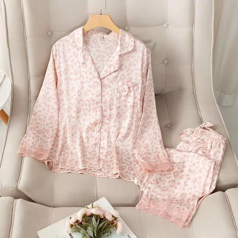 

Women Sleepwear Set Autumn Pajama Set Turn Down Collar Faux Silk Satin Lace Long Sleeve Pink Leopard Female Pijama Home Wear