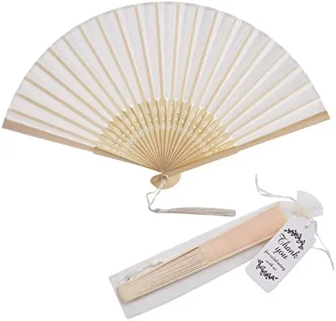 

crafts 50 Sets Imitated Silk Hand Fan with Tassel and Gift Bags and Thank You Gift tag Fabric Folding Hand Fans Bamboo Folded Ha