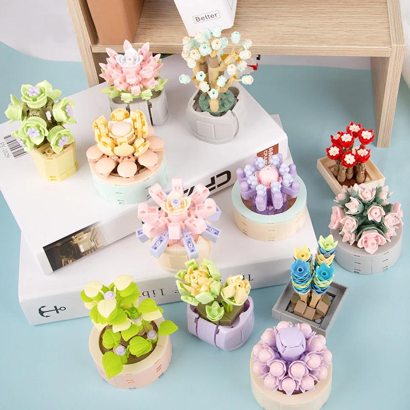 

DIY MOC Potted Plants Succulents Cactus Gypsophila Bonsai Tree Gardens Romantic Building Blocks Model Bricks Kids Sets Kits Toys