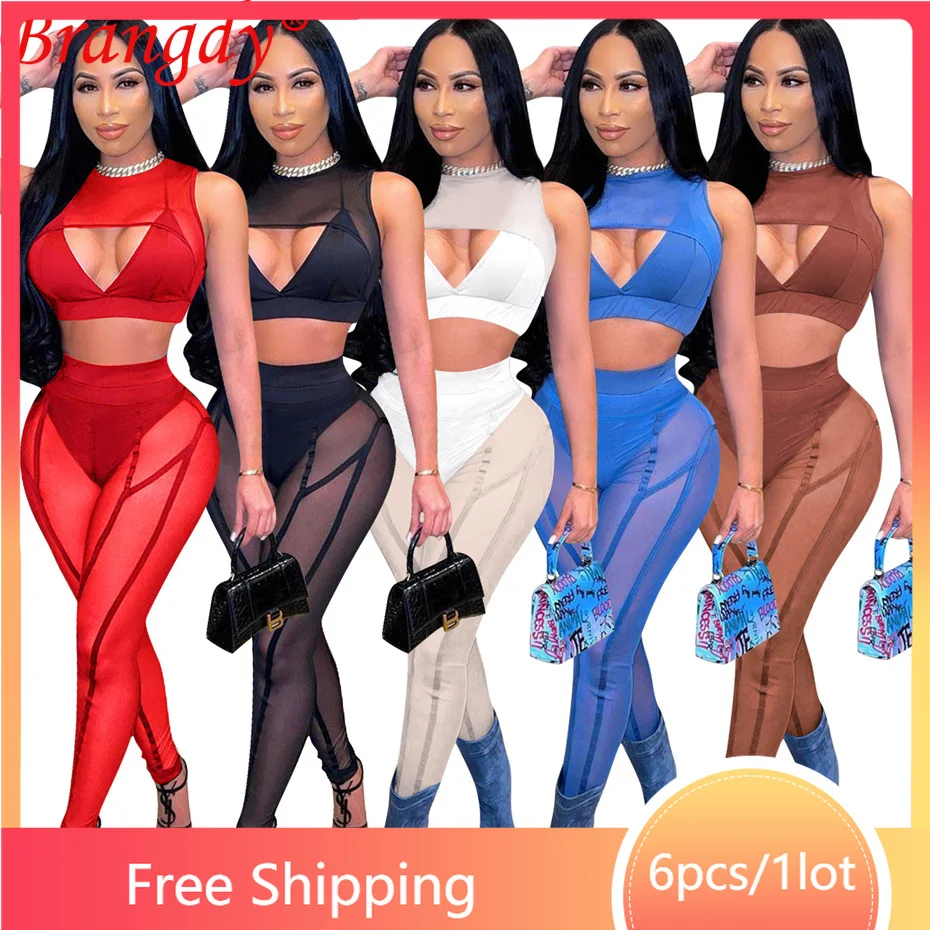 

6sets Wholesale Items for Business Clothes Fashion Sexy See Through Outfits 2 Piece Set Sleeveless Crop Top Tracksuit B8498