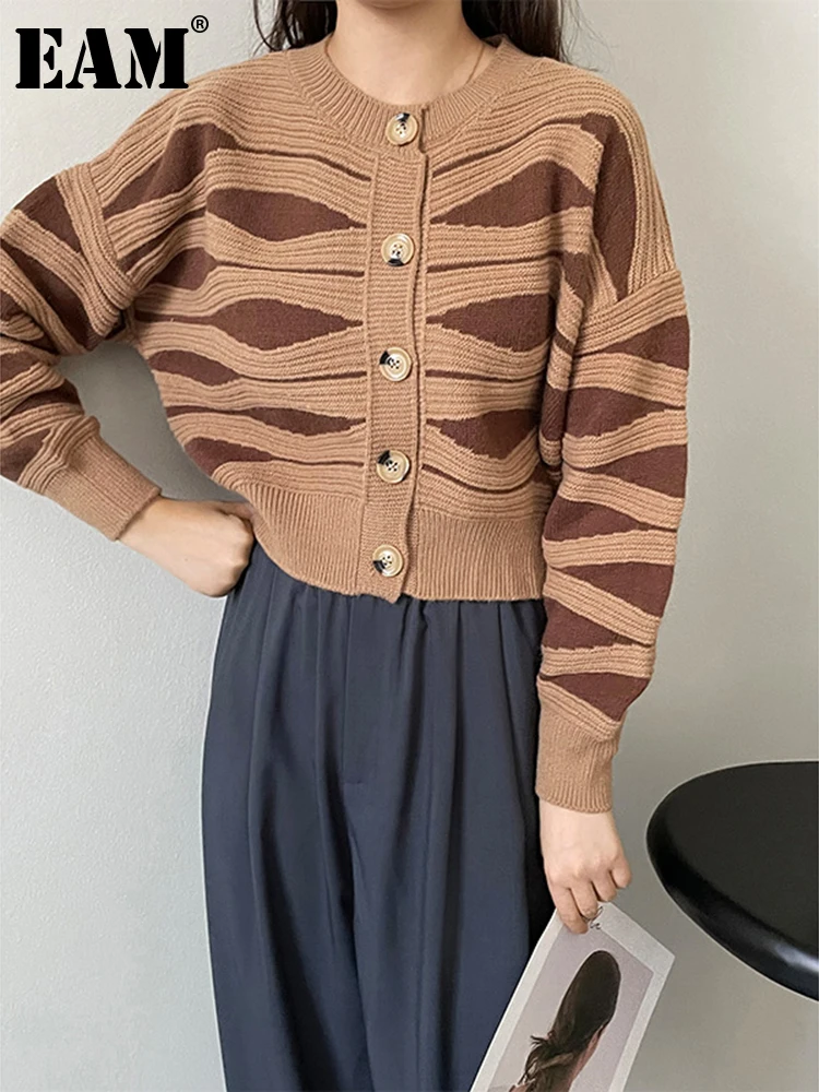 

[EAM] элегантный вязаный кардиган с узором, свитер, свободный крой, круглый вырез, длинный рукав, Женская Новая мода, Осень-зима 2022 1DF1752