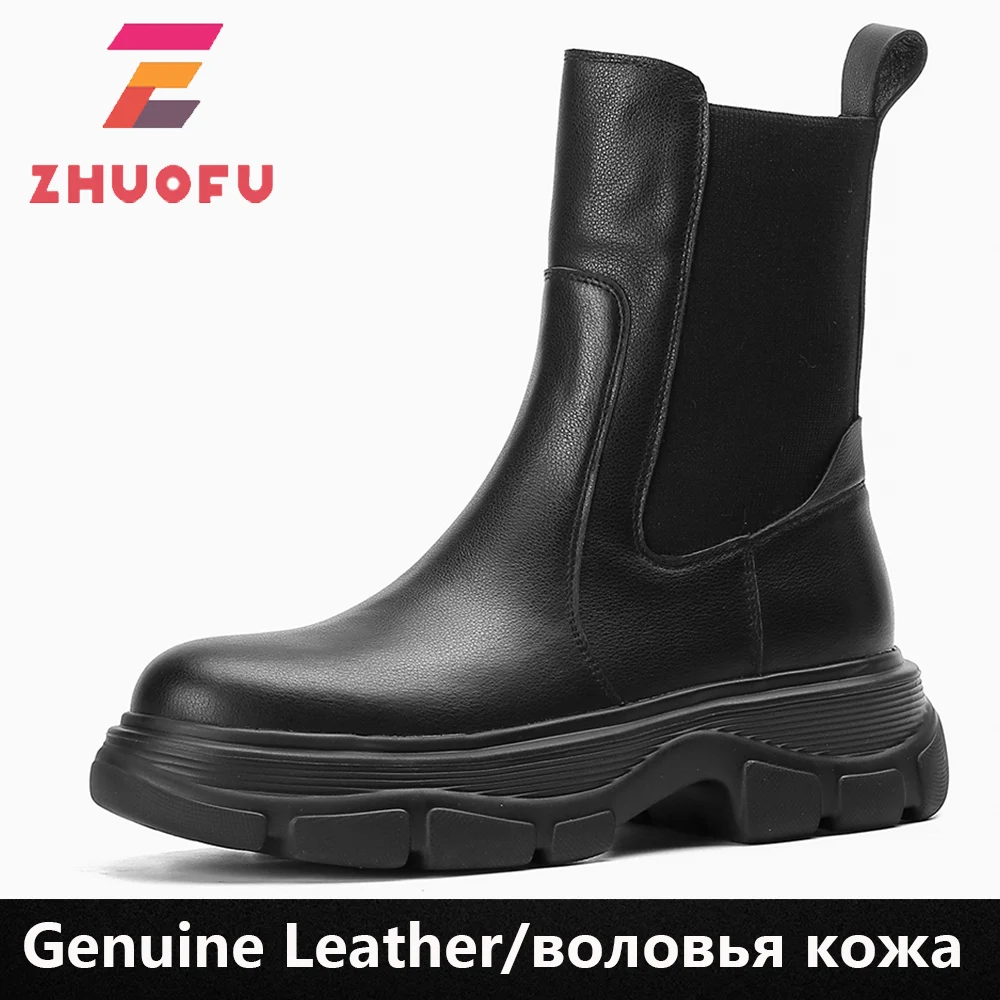 

ZHUOFU 2023 Новое поступление натуральная кожа зимние женские сапоги толстый средний каблук обувь на платформе популярные ботильоны челси