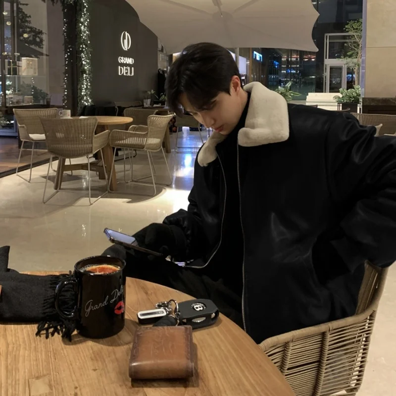 Winter Jacket Men Warm Fashion Coffee Black Thickened Leather Jacket Men Streetwear Korean Loose Short Coat Mens Parker Clothes