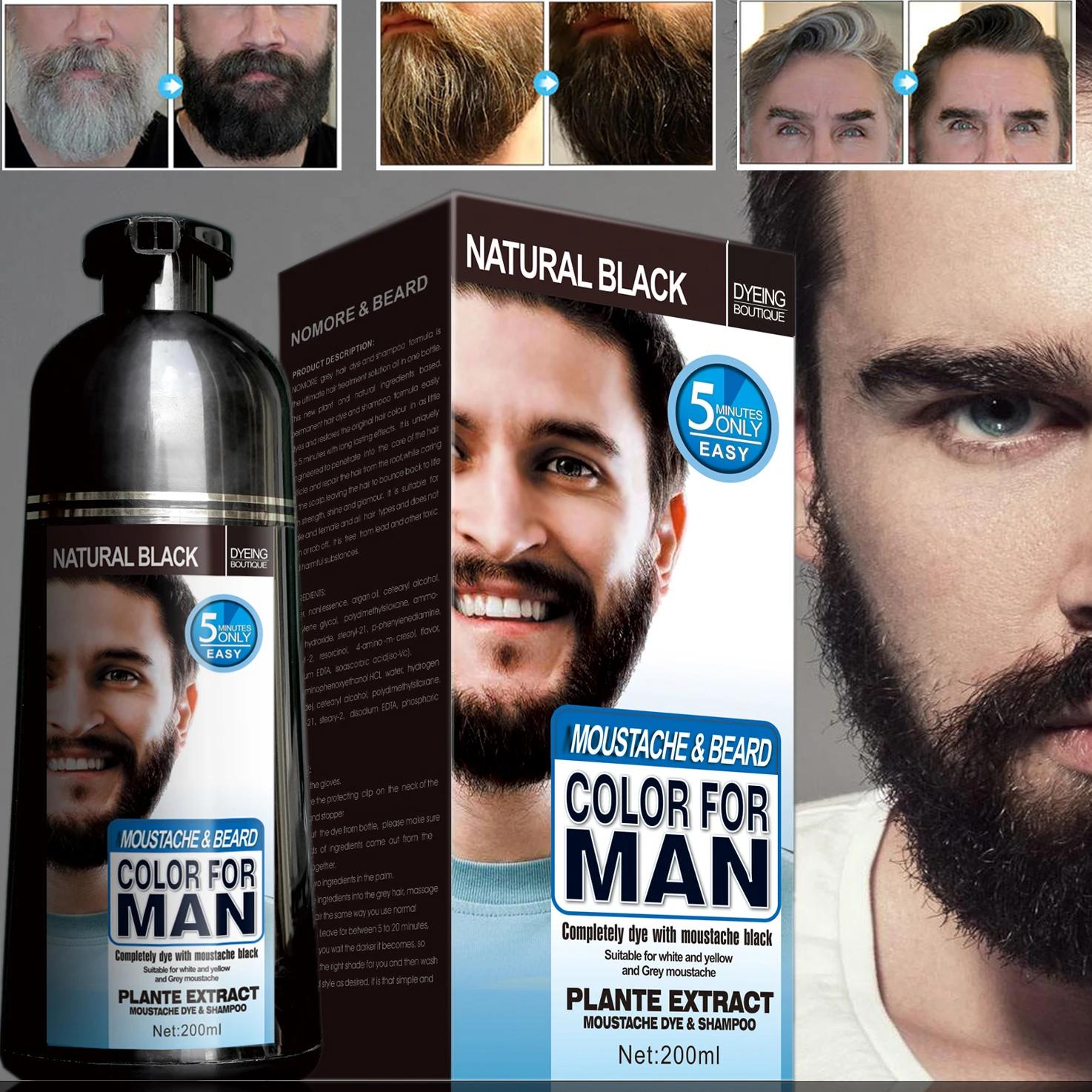 200ml Natural Long Lasting Permanent Beard Dye Shampoo For Men Beard Dying Removal White Grey Beard Hair Men Beard Dye Shampoo