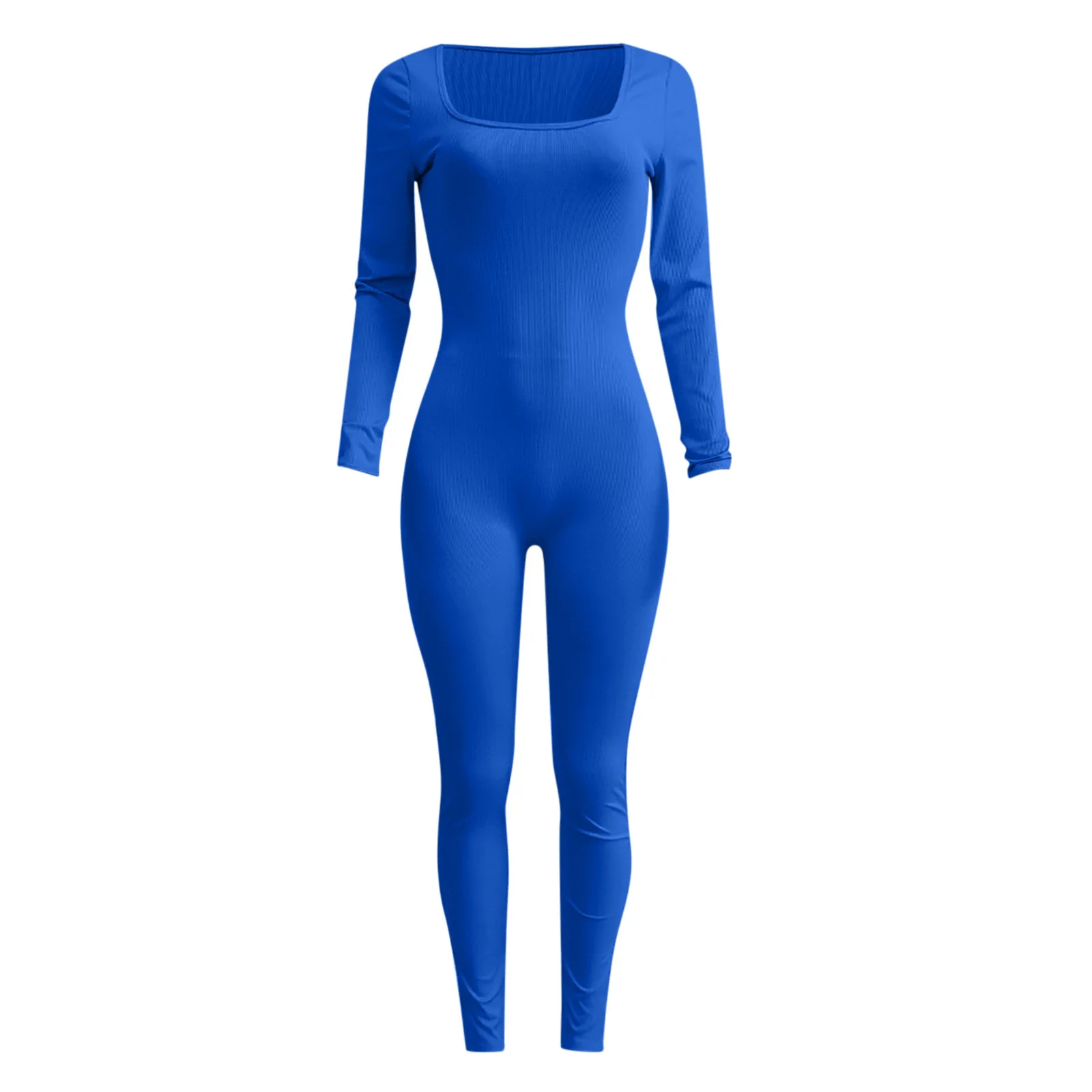 Bodycon Jumpsuit for Women‘s Threaded U-neck Hip Lift Slim Sexy Rompers Blue Fitness Finger Sleeve Playsuit Activity Streetwear