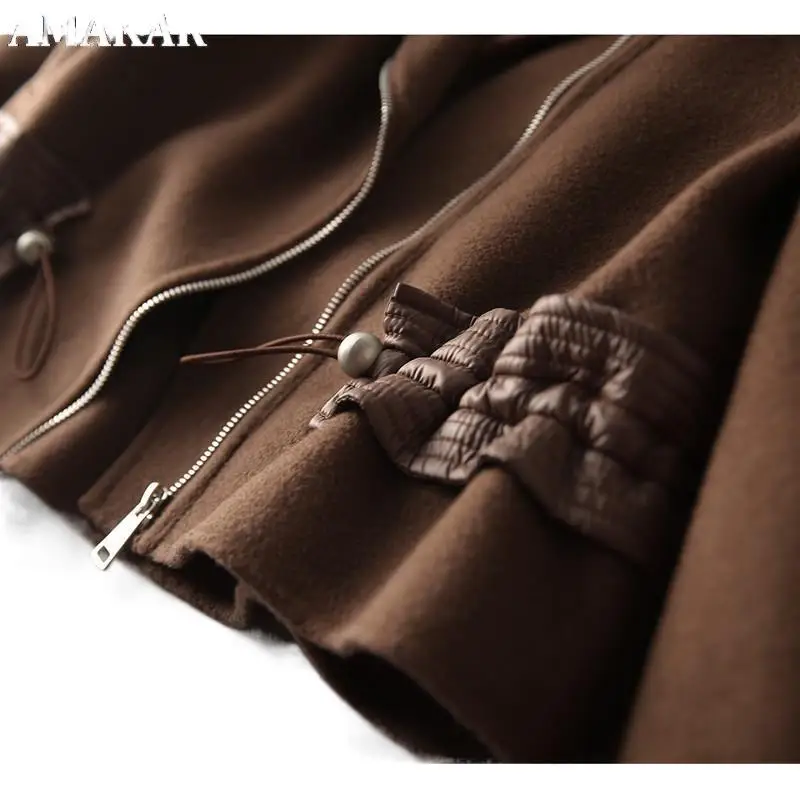 Real Wool Patchwork Genuine Leather Coat Jackets Women Female Sheep Skin Leather Drawstring Short Overcoats Zipper Outwear
