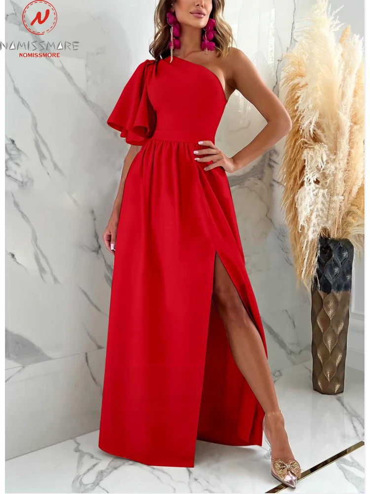 

Sexy Women Solid Color A-Line Dress for Party High Split Design Ruffles Decor Inclined Shoulder Butterfly Sleeve Slim Long Dress