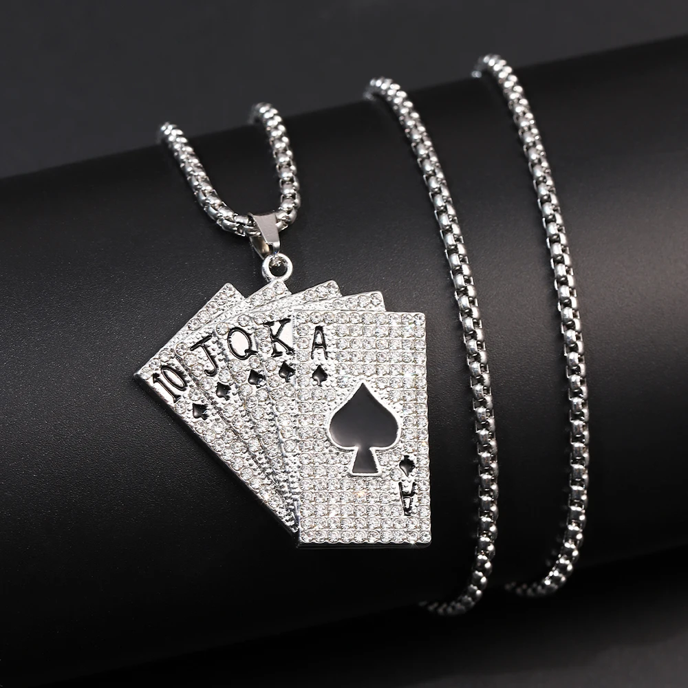 2023 Hip Hop Men Playing Card Necklace Couples Diamond Flush Pendant Sweater Chain Leaflet Black Red A Creative Trend Necklace