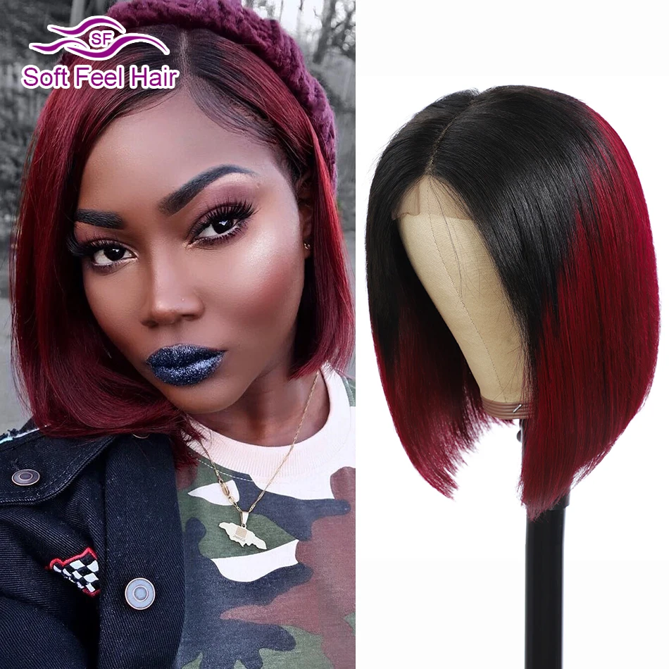 Short Bob T Part Lace Closure Wig Ombre 99J Human Hair Wigs For Women T1B/Burgundy Straight Bob 4X1 Lace Part 8-16Inch Lace Wig