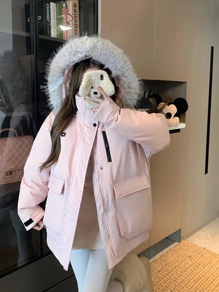 Розовая куртка с меховым воротником и капюшоном на хлопковой подкладке верхняя