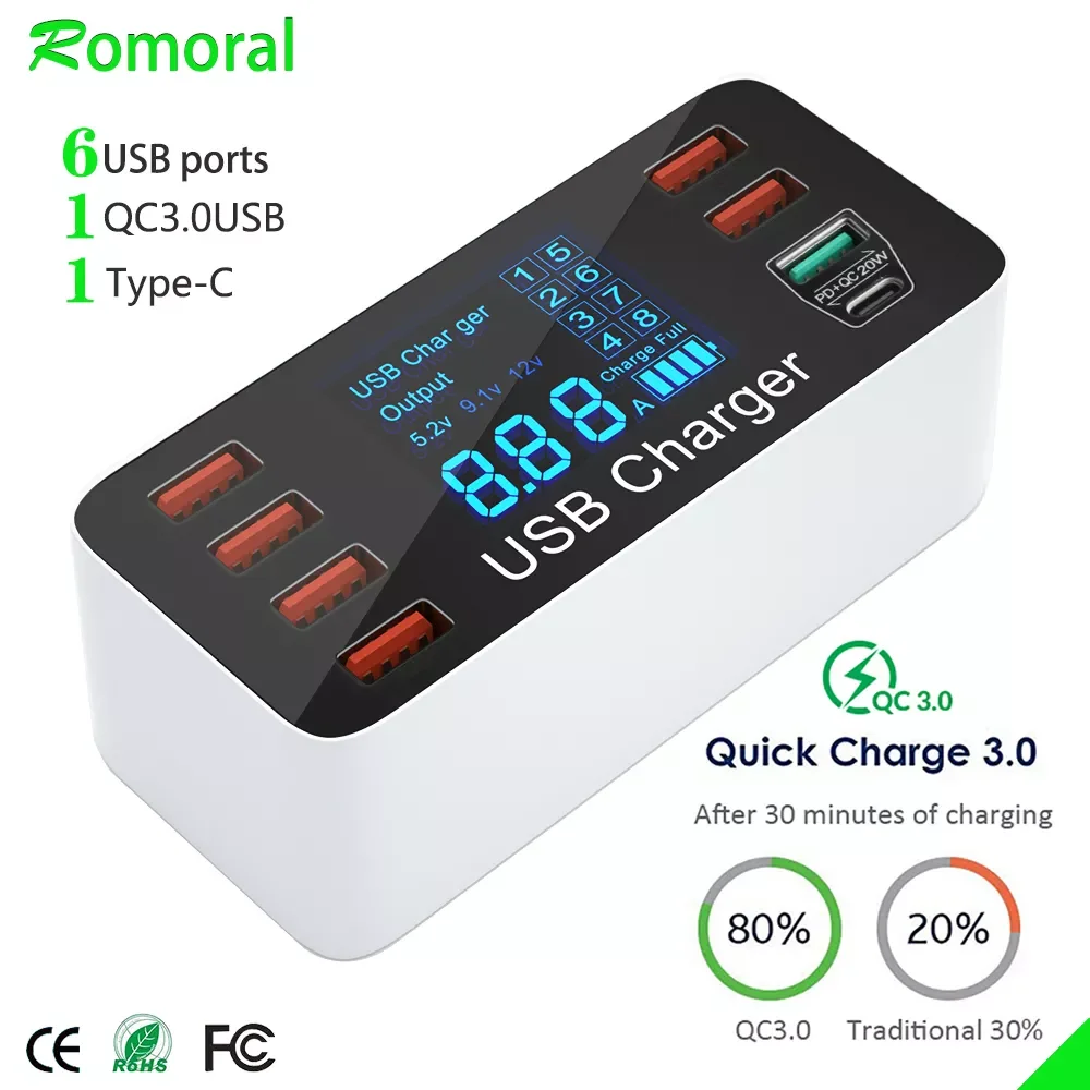 

Quick Charge 3.0 Fast Charger Adapter 8 USB Charger Station Type C Phone Charger for iPhone Xiaomi Huawei Samsung