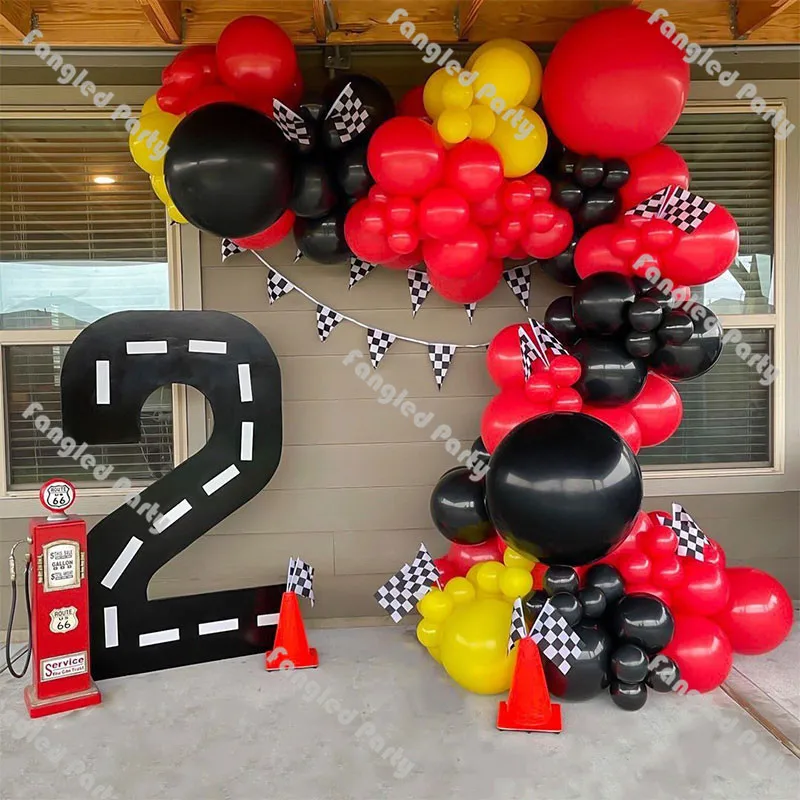 

148pcs Matte Black Red Vintage Race Car Balloon Garland Kit Baby Shower Flag Banner Racing Car First/2nd Birthday Party Supplies