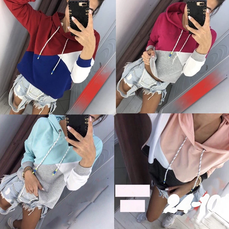 

50% Sale 2022 new plush stitching color contrast hooded long sleeve corny drawstring sweater