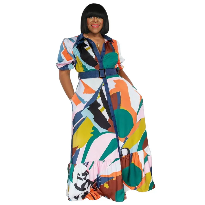 Plus Size Women's Dress Autumn/Winter 2022 New Color Print with Belt Loose Casual Dress Temperament Commuter Plus Size Feminino