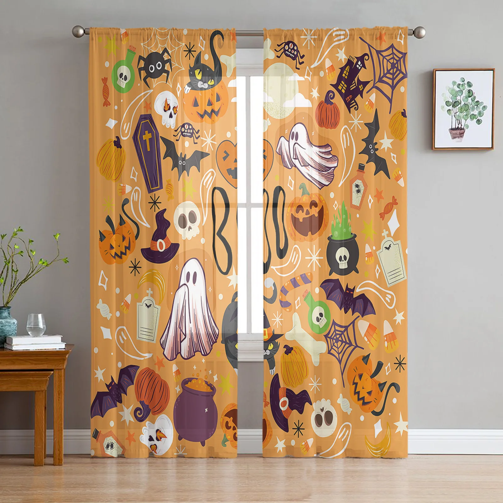 

Прозрачные Занавески в виде тыквы на Хэллоуин конфетных цветов для гостиной, тюлевые оконные занавески, занавески для спальни, кухни