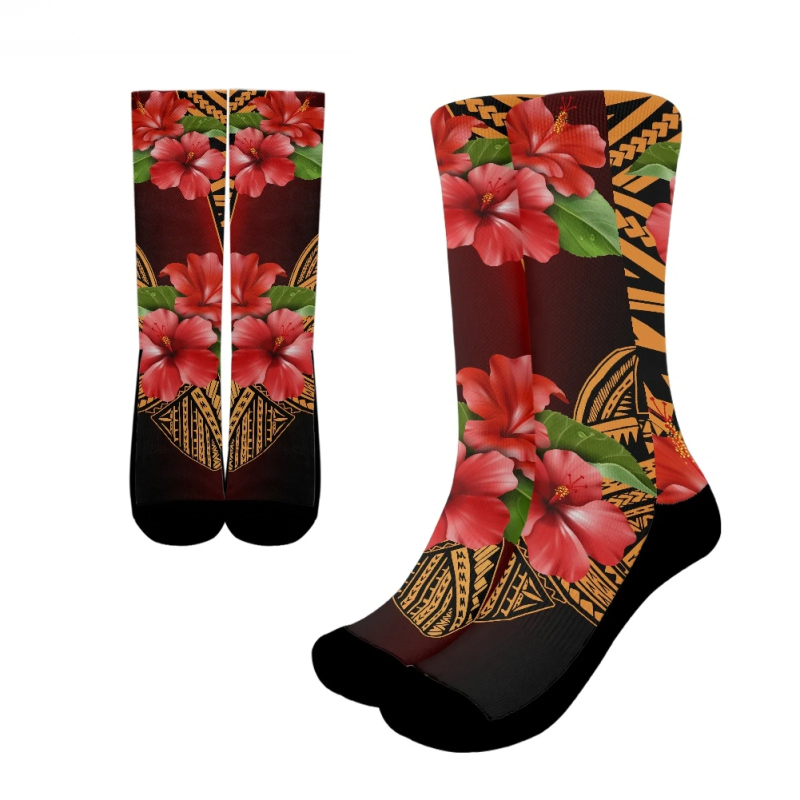 

Polynesian Tribal Samoan Totem Tattoo Samoa Prints Unisex Wicking Sweat Breathable Running Socks Comfortable Hibiscus Crew Socks