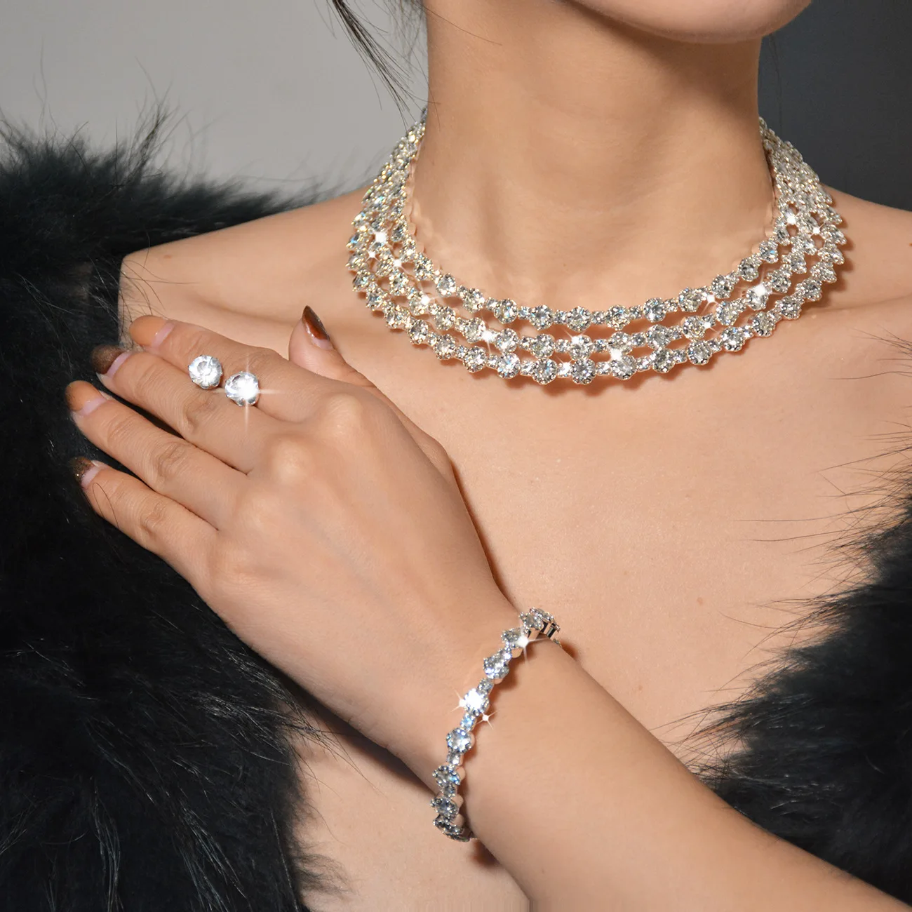 

Diamond Anniversary Jewelry Set Women's Bracelets Earrings Necklace Small Luxury Accessories Free Shipping