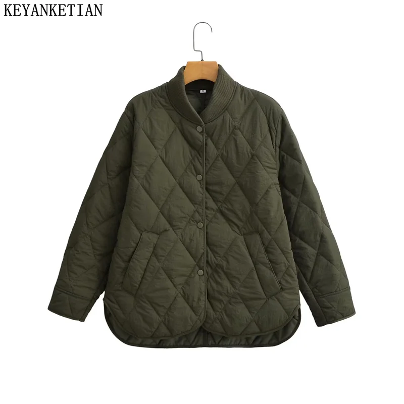 

Женская однотонная стеганая куртка KEYANKETIAN, однобортная укороченная стеганая куртка с воротником-стойкой, свободная стеганая верхняя одежда для отдыха, зима