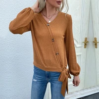 autumn womens solid color button decorated pit strip bottoming sweater