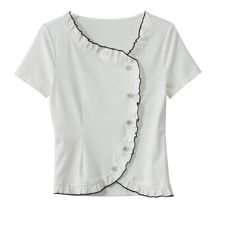 Лето 2023 новый дизайн чувственный топ с рюшами и талией женская футболка