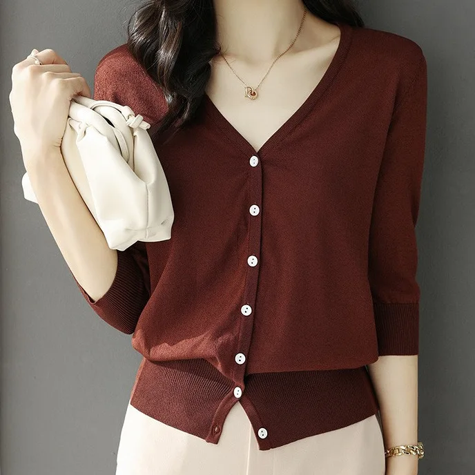 Женский трикотажный кардиган однотонный тонкий свободный и Приталенный из