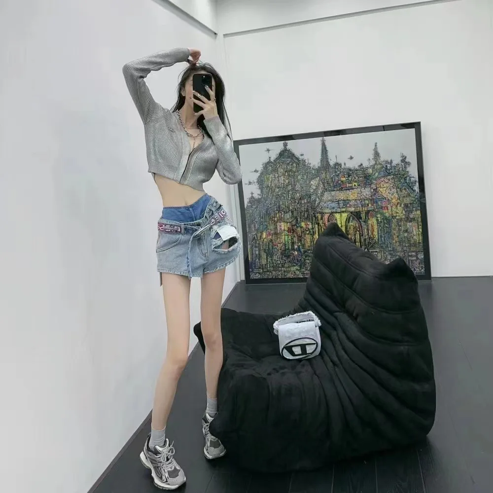 Женские синие джинсовые брюки с ремнем летние Рваные шорты высокой талией и