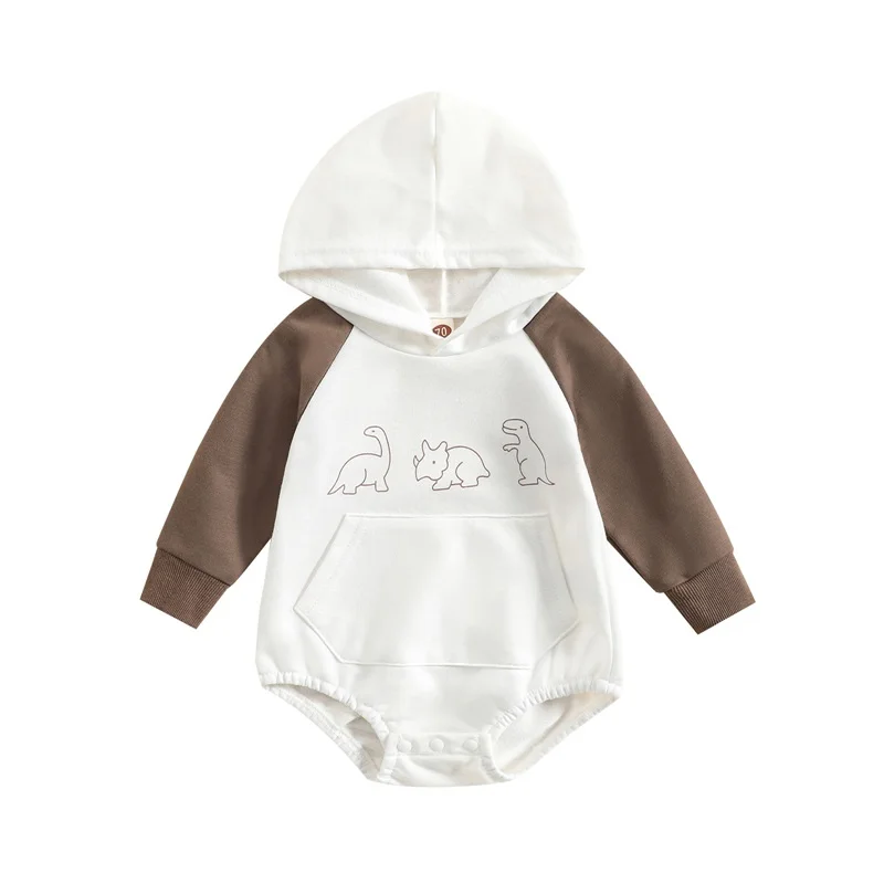 

Newborn Baby Girls Boys Hooded Romper Cartoon Dinosaur Print Contrast Color Long Sleeve Bodysuits Spring Autumn Casual Clothes