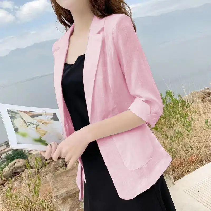 

Summer Thin Blazer Jacket Women Cotton Linen Mid-Length Suit Coat Single Button Loose Casual Fashion Suits Womens Clothing J254