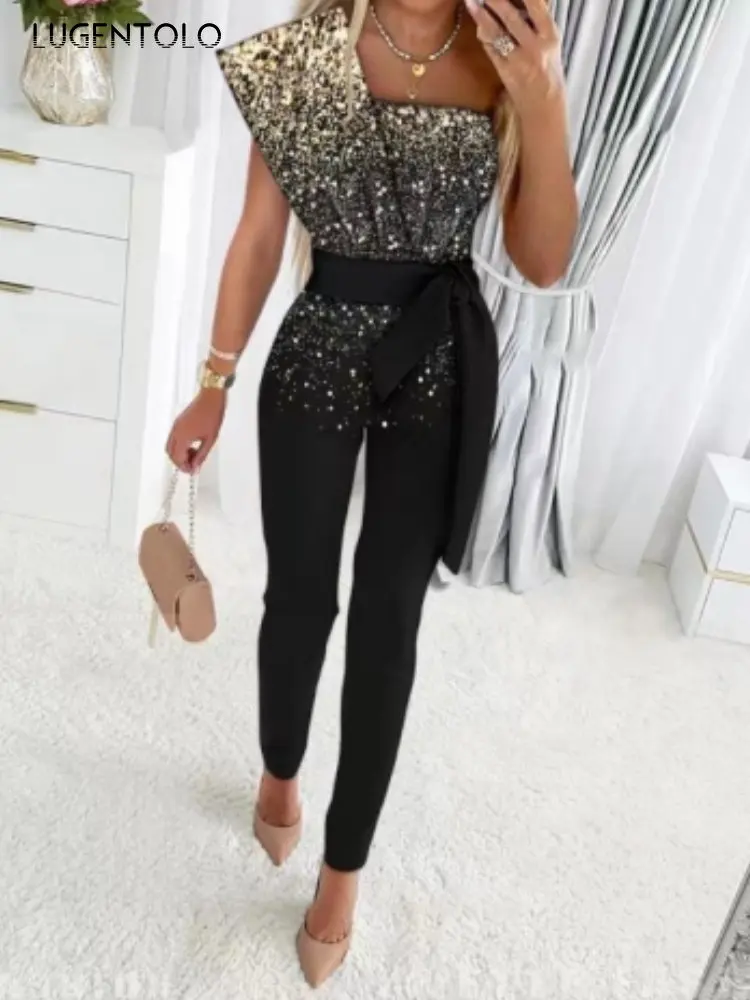 

Женский комбинезон на одно плечо, с блестками, без рукавов