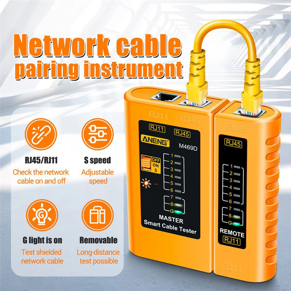 

Black/yellow ABS Plastic M469d Network Cable Tester RJ11 RJ12 CAT5 UTP Network Maintenance Tool Line Measuring Instrument