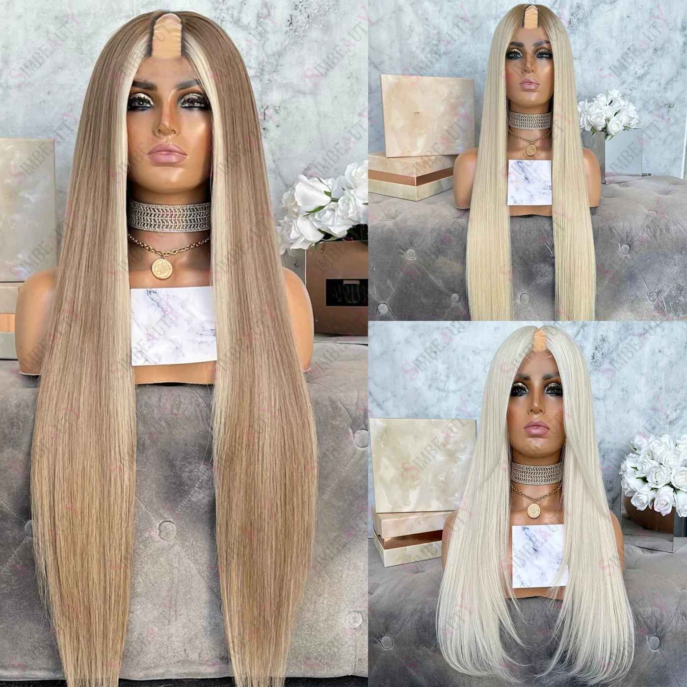 Ombre Platinum Blonde Straight U Part Wigs 1x4 Highlights Human Hair Wig For Women Brazilian Remy 200 Density Full Machine Made