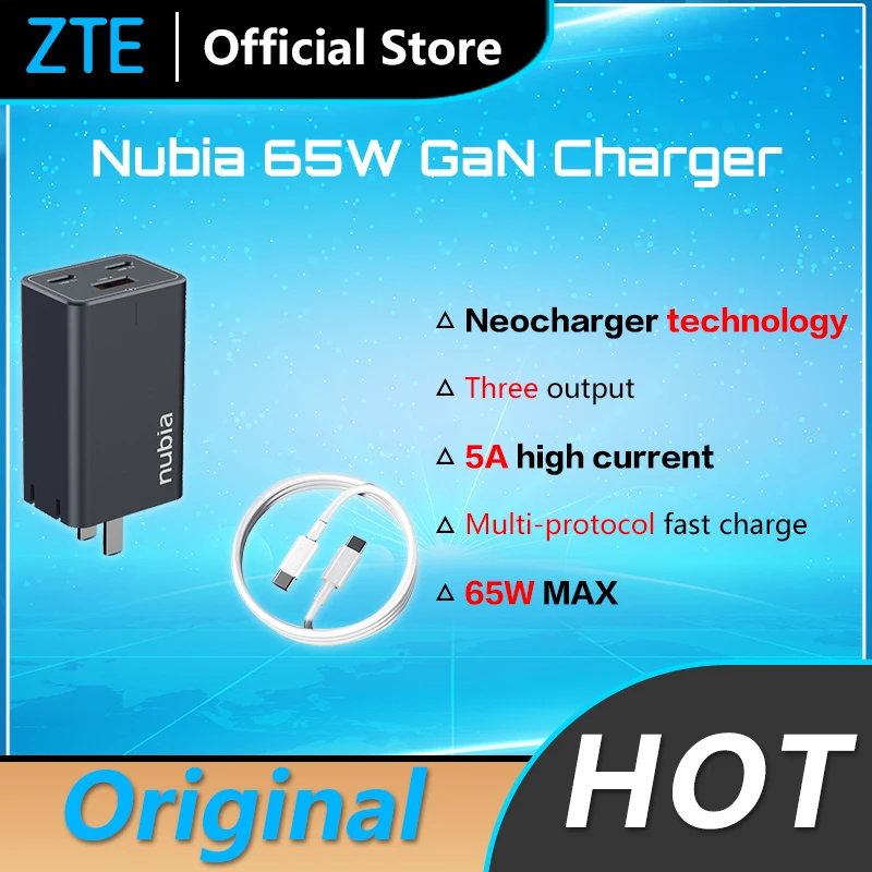

Original ZTE Nubia 65W GaN Charger Adapter for RedMagic 6s Pro Phone MAX output 65W PD Charger
