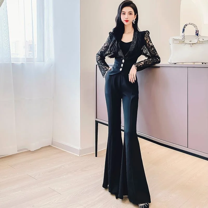 

2022 New Beaded Lace Slim High Waist Flared Pants Two-piece Suit Spring Outfits For Women Casual Two Piece Matching Sets Cozy