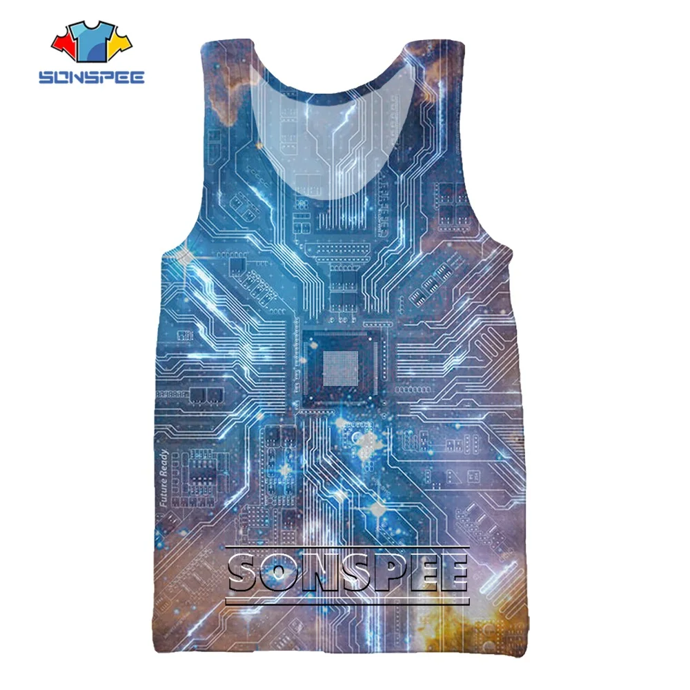 

SONSPEE Circuit Board Diagram 3D Printed Beach Sports Vest Harajuku Graphic CPU Top Sleeveless Unisex Oversize Tank Top For Men