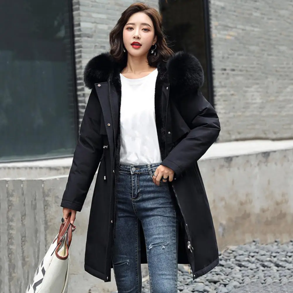 

Pockets Warm Coldproof Women Fleece Lined Faux Fur Collar Hooded Winter Jacket Padded Cotton Coat for Outdoor