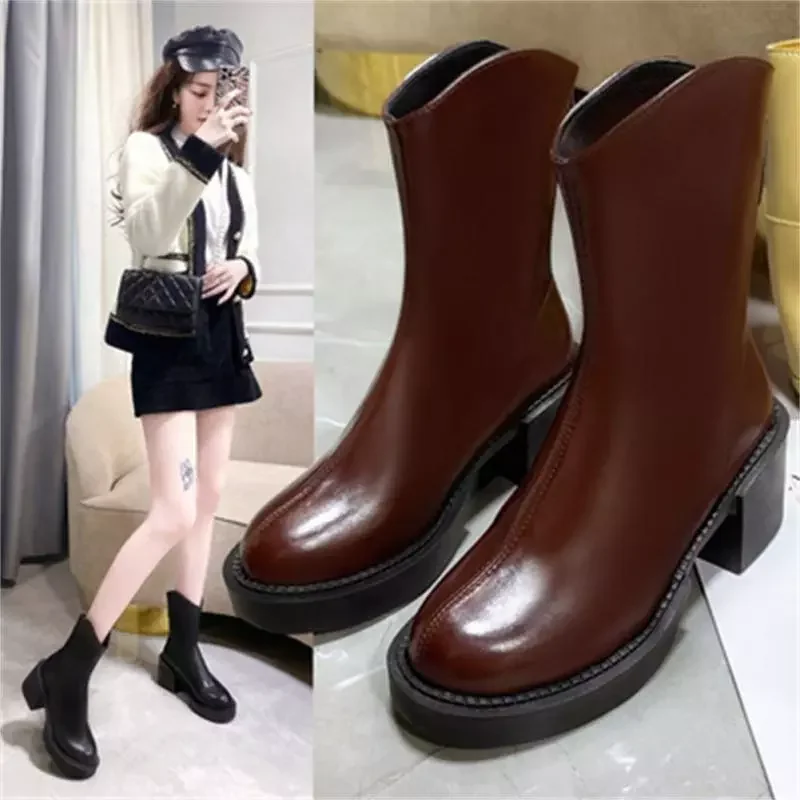 

2023New Toe Mid-tube Boots Pu Leather Thick-soled Thick Heel Warm Anti-skid Woman Back Zipper Chelsea Booties Martin Boots