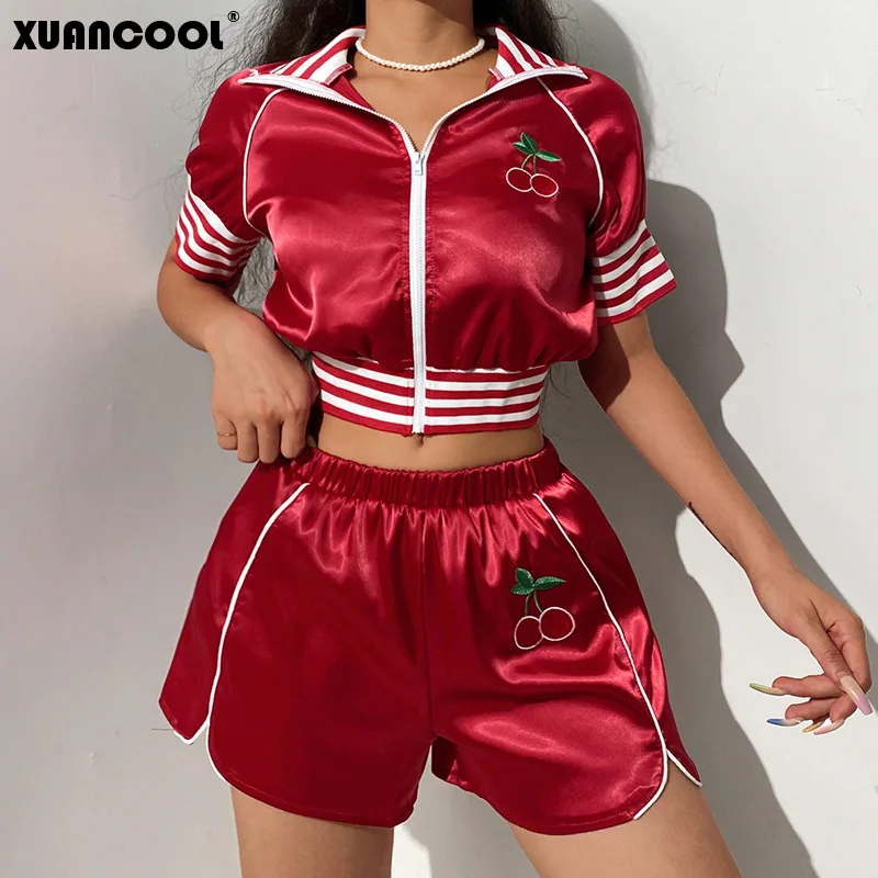

XUANCOOL 2022 Summer Style Women Sportswear Chiffon Cherry Embroidery Zip Crop Tops and Shorts Two Piece Set Jogging Femme