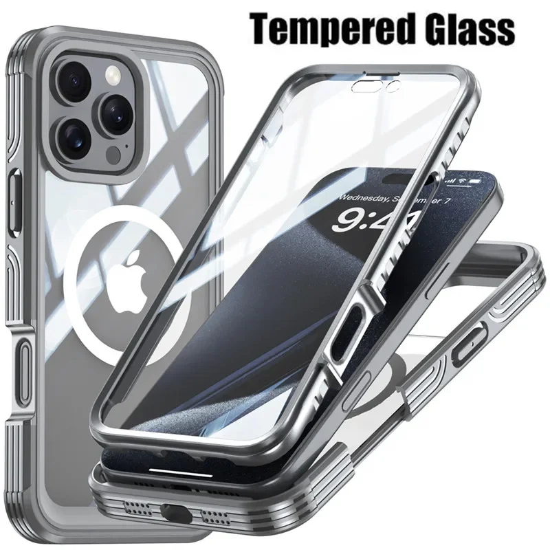 Магнитный чехол с защитой всего тела для iPhone 16 Pro Max 16e 15 Plus из закаленного стекла