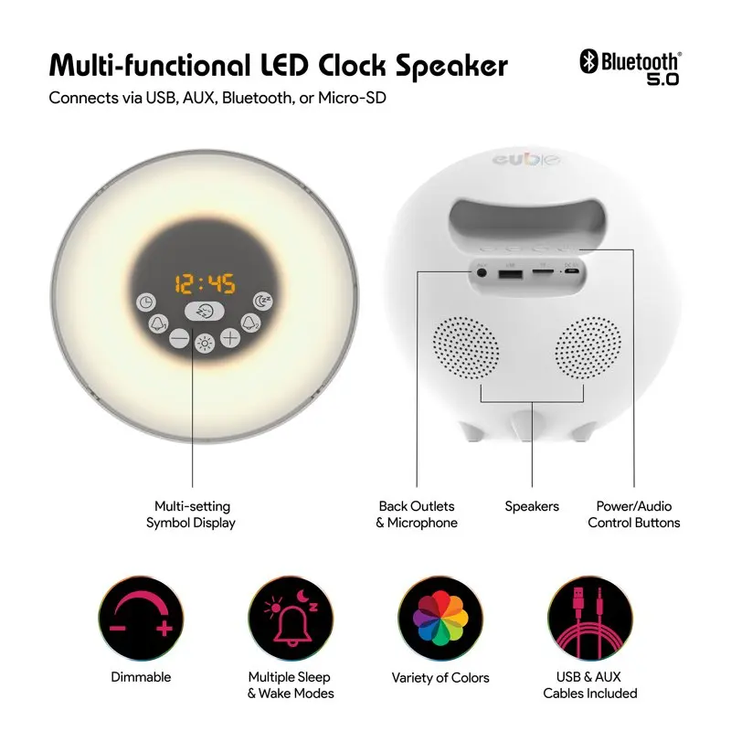 

Lovely White LED Clock Speaker, Alarm & Sunrise Function USB Bluetooth Speaker Perfect for Bedroom Nightstand