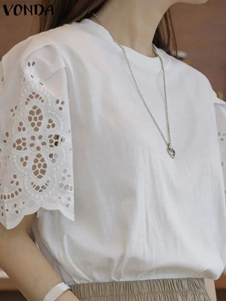 

Модные летние блузки VONDA 2023, Женская туника с коротким рукавом в стиле пэчворк, однотонные повседневные свободные рубашки с круглым вырезом, женские блузы