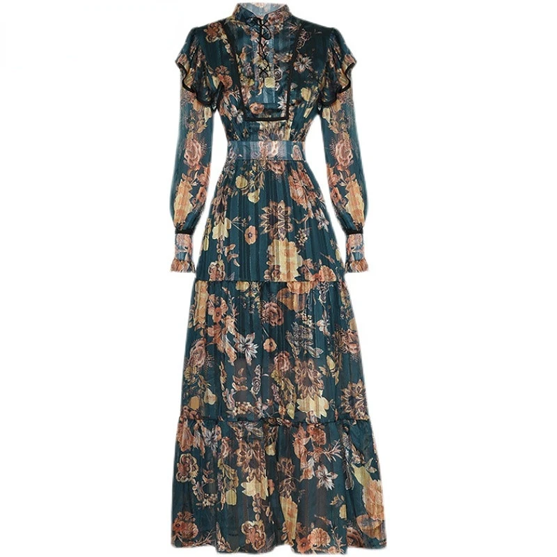 

Dresses For Women 2023 Runway Luxury Designer High Quality Spring Lace-up Stand collar Long sleeves Ruffles Vintage Print Dress