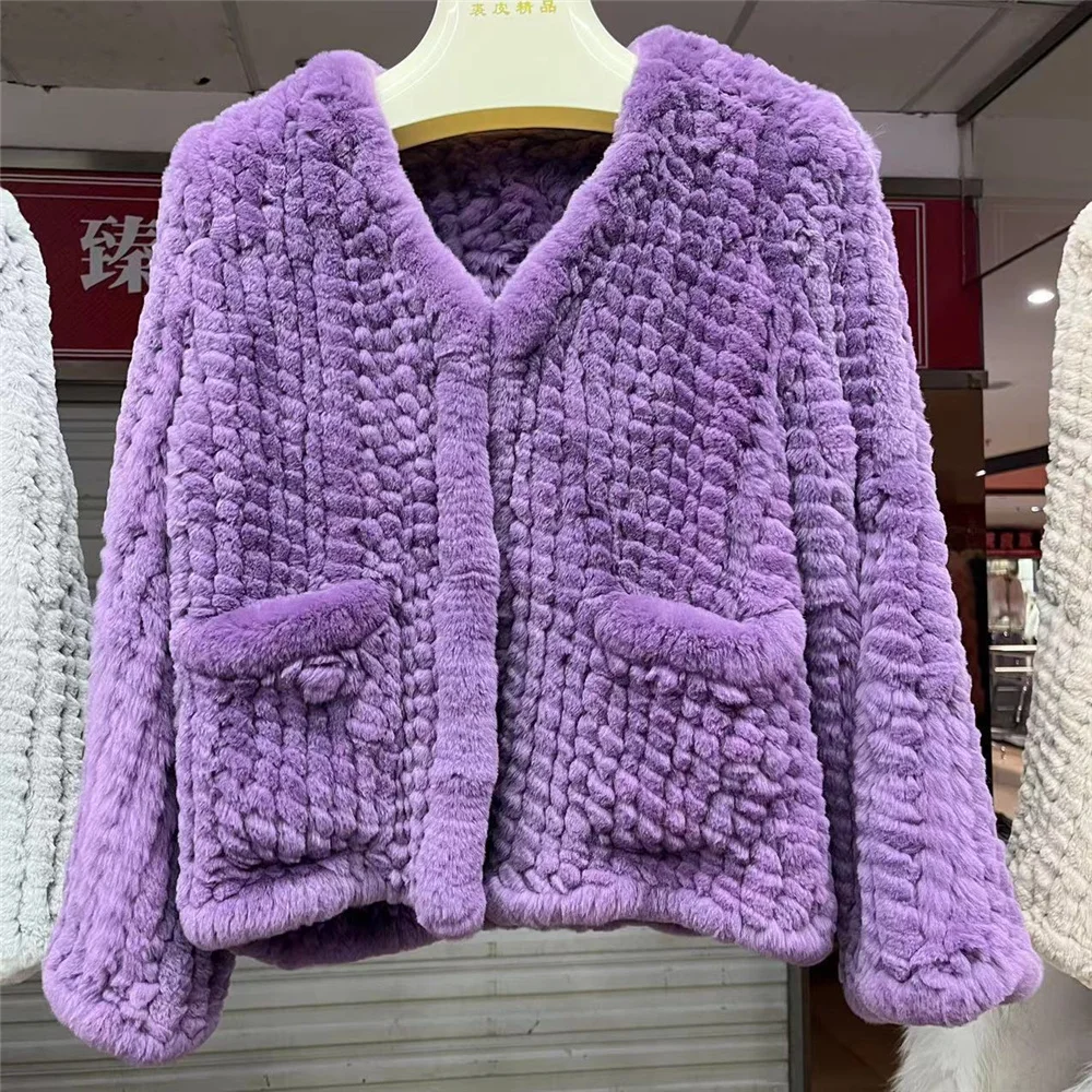 Sweet Style Real Rex 2023 Rabbit Fur Knitted Jacket For Women Autumn Winter V Neck Long Sleeve Double-Sided Woven Fur Coat Y3109