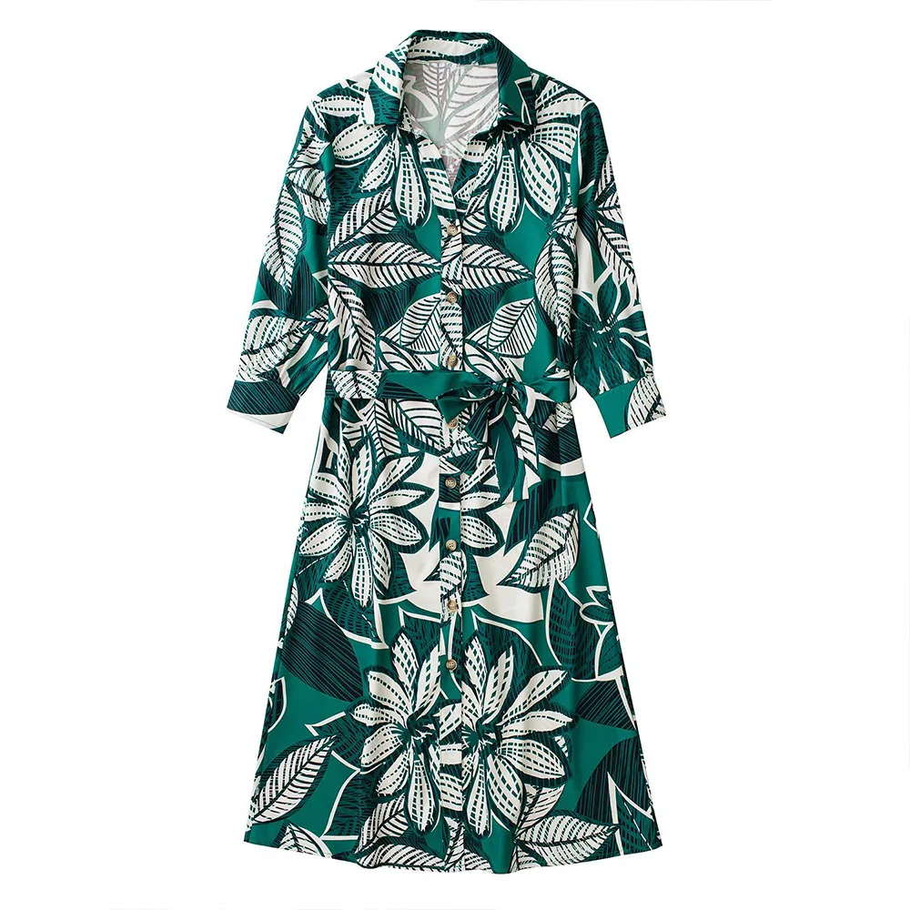 

ZATRHMBM Female clothing printing Matching Belt vintage midi dress Single-breasted V neck chic and elegant woman dress