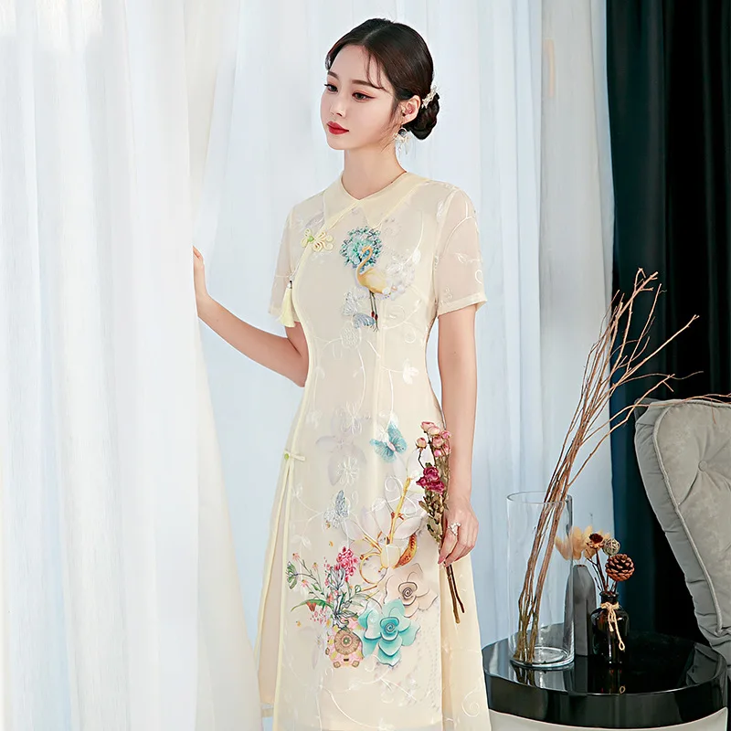

2022 Hot Chinese National Chiffon Cheongsam Short Sleeve Dress Slim Floral Retro Women Long Qipao Lining
