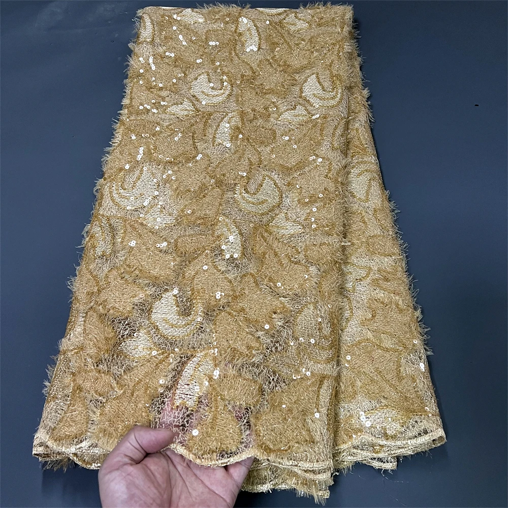 

2023 High Quality African Nigerian Lace Fabric Embroidery Tulle Pure Wedding Party Dress Guipure SequinsFor Sewing Beads 5yards