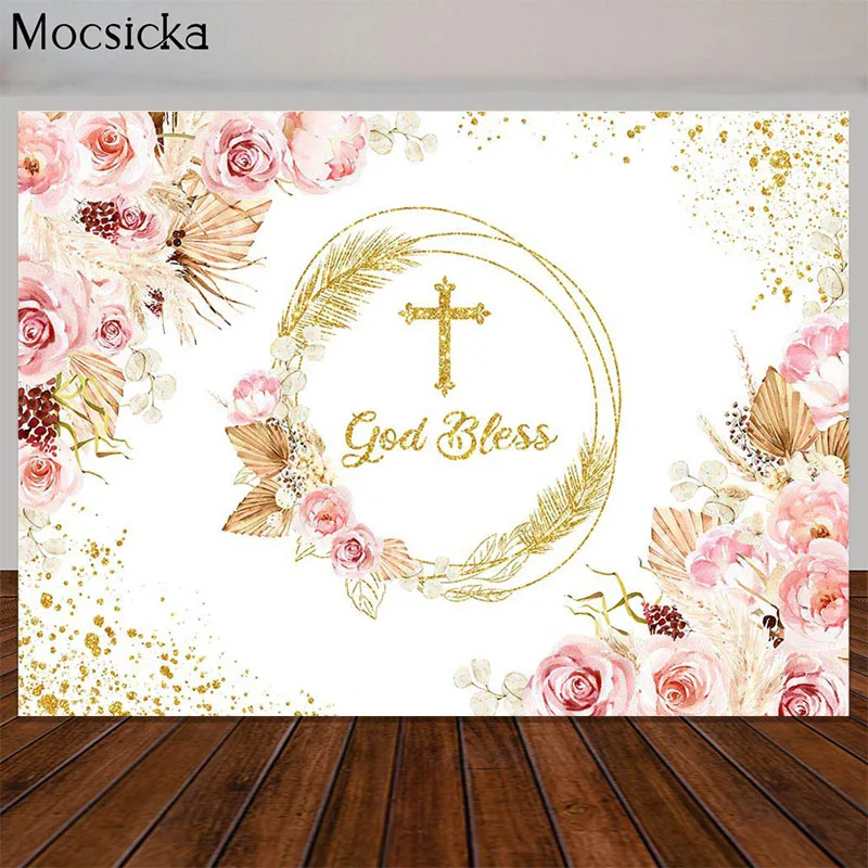 

Фон для фотосъемки в стиле бохо, розовая фотография для первого причастия девочки, Золотой бог, благословенный Бог, Крещение, реквизит для с...