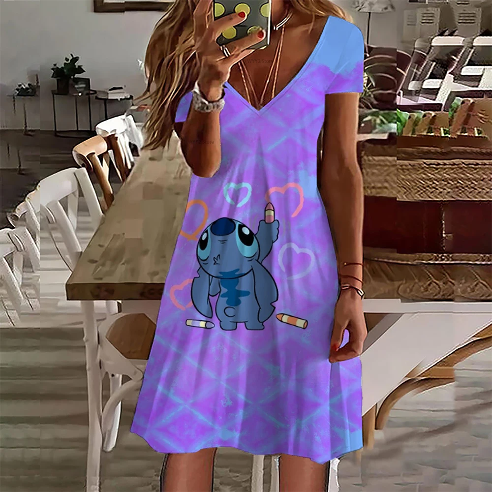 

Disney Is Stitch Summer Boho Dress Fashion Casual V Neck Midi Dress Elegant Beach Party Dress Ladies Ladies 2022