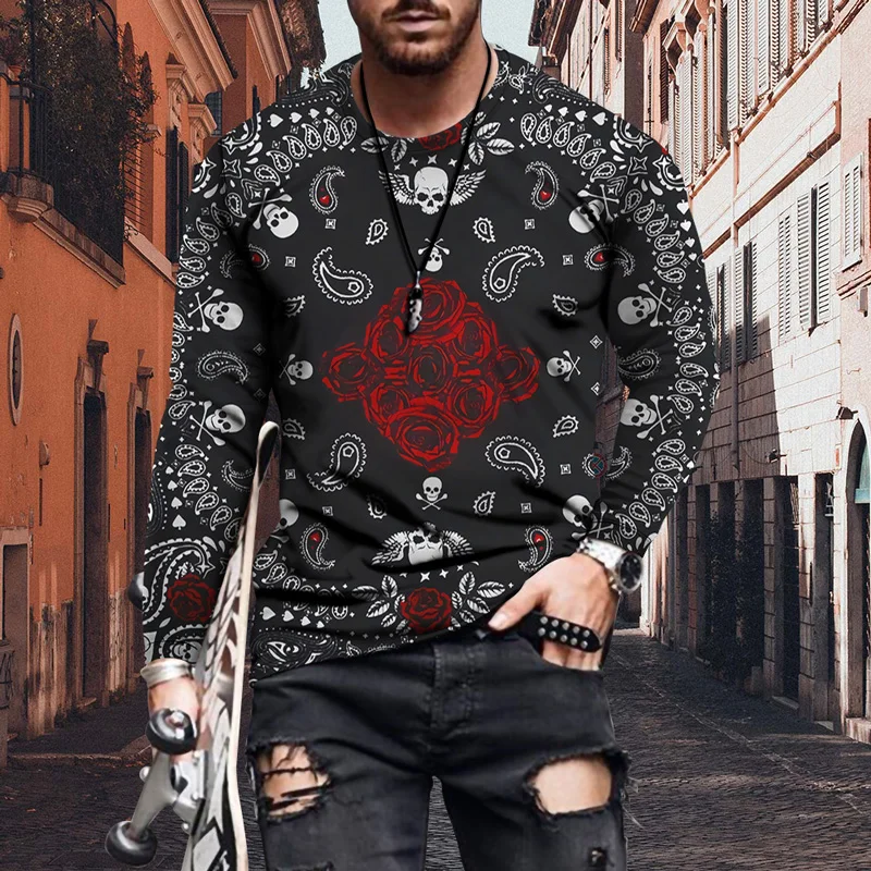 

Новинка осени 2022, модные крутые черепа, 3d цифровая печать, футболки с длинным рукавом для мужчин, повседневные мужские футболки с круглым вы...